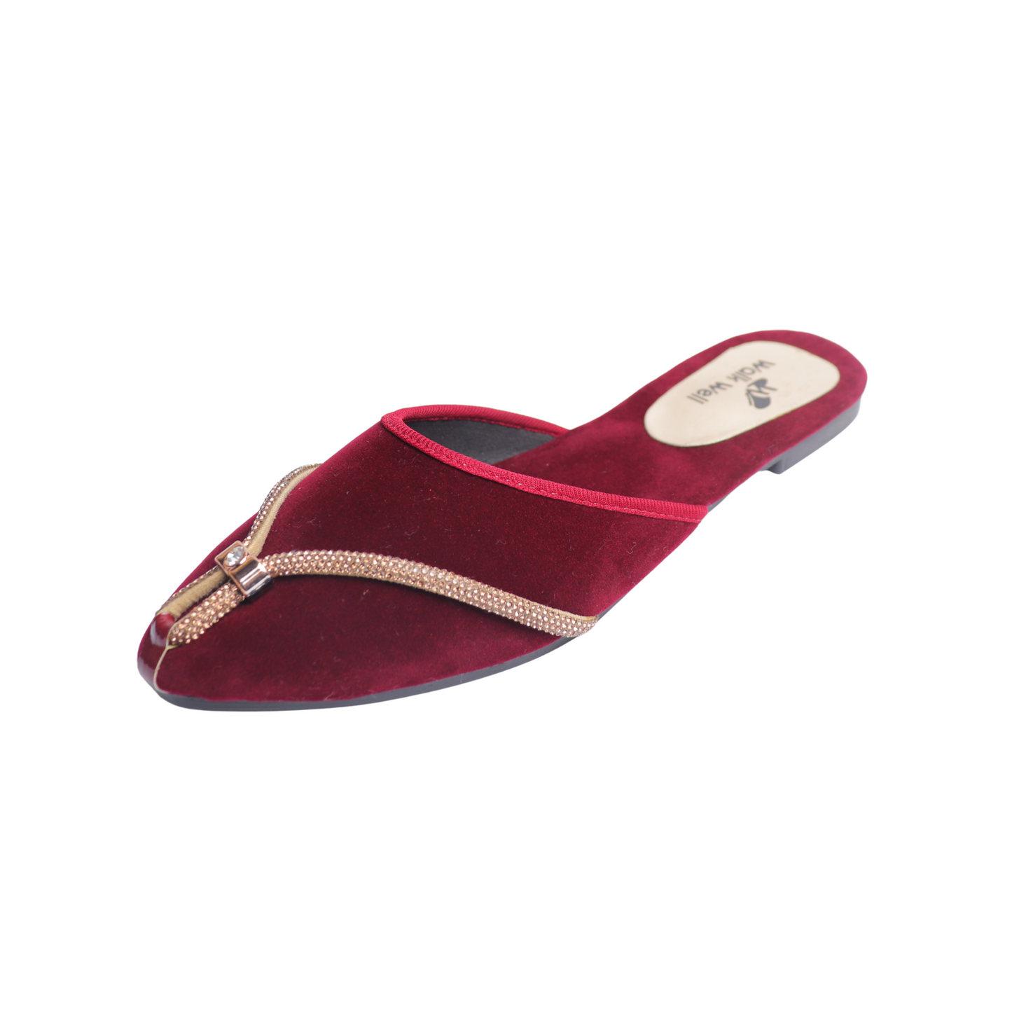 Maroon Velvet Slip-On Slippers with Golden Embellishment Code #4465