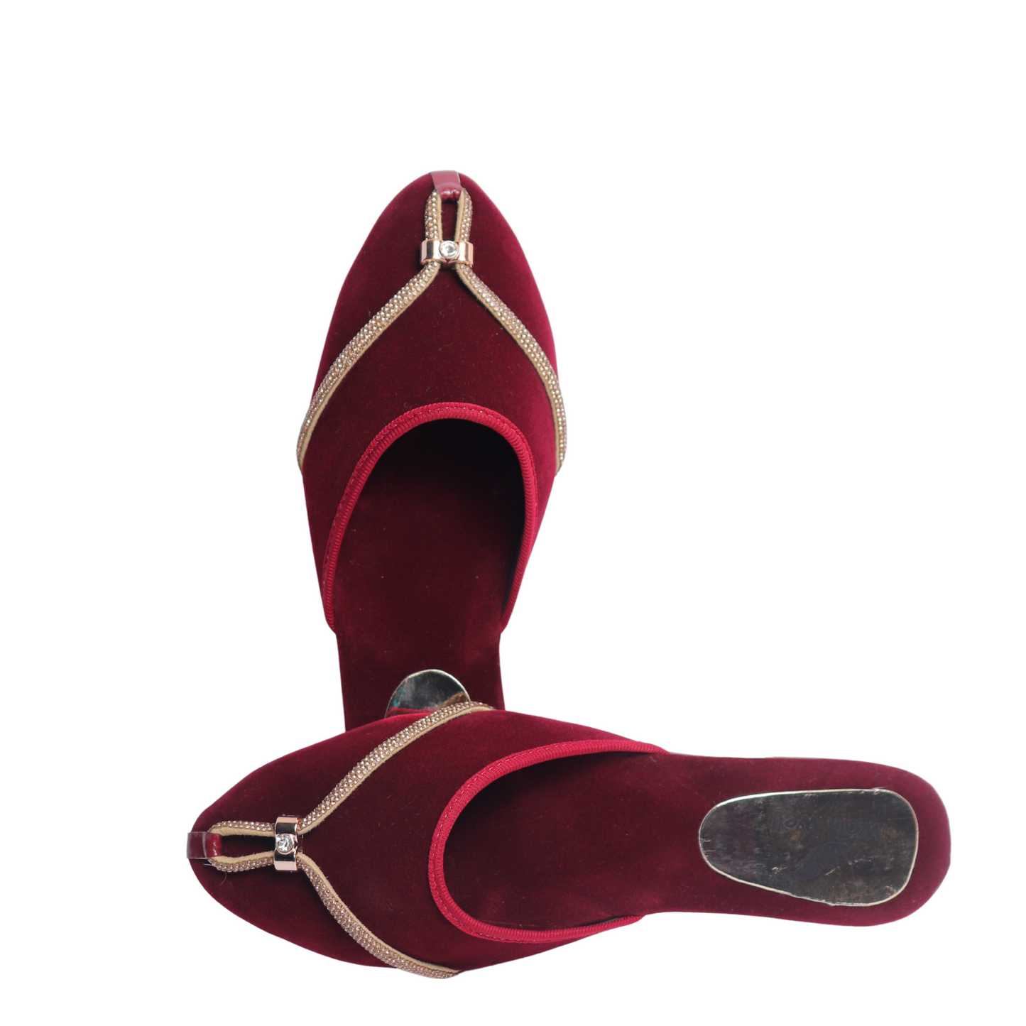 Maroon Velvet Slip-On Slippers with Golden Embellishment Code #4465