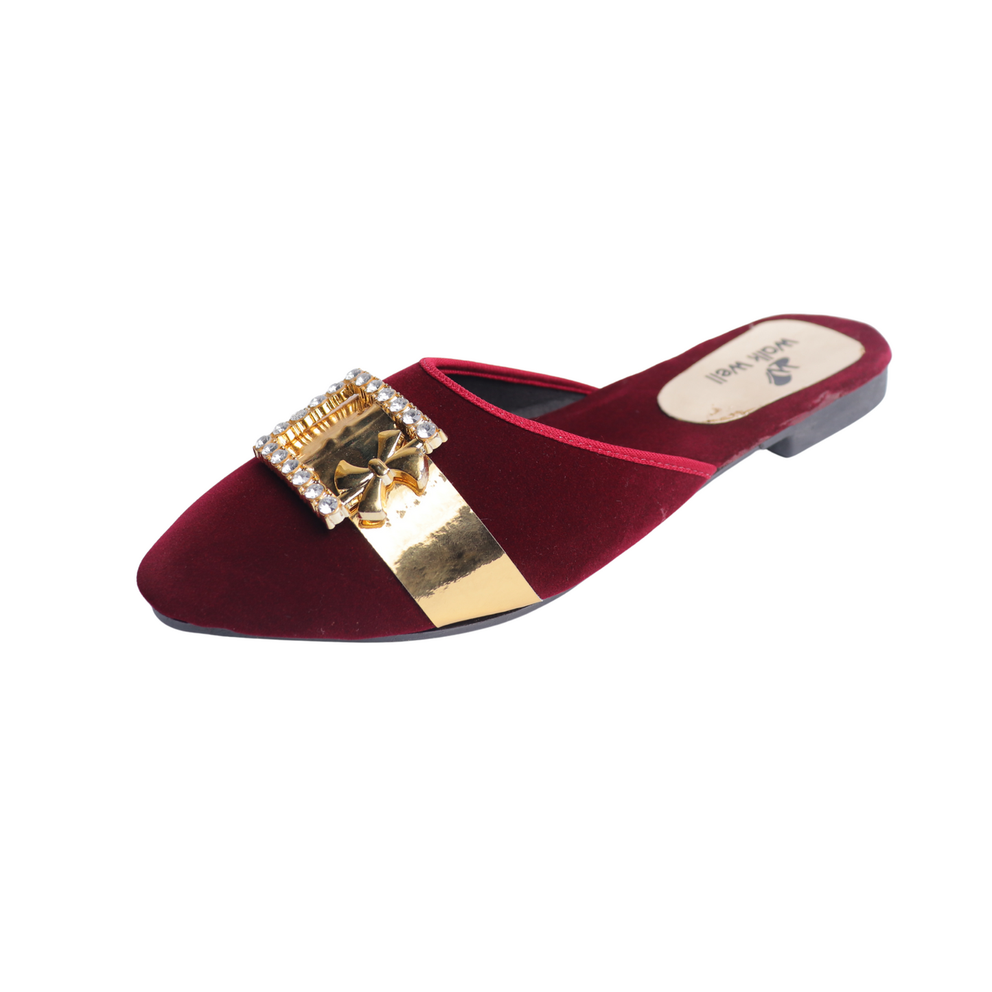 Mahroon and Black Velvet Cut Shoes with Golden Buckle β Flat Elegance | Code #4435