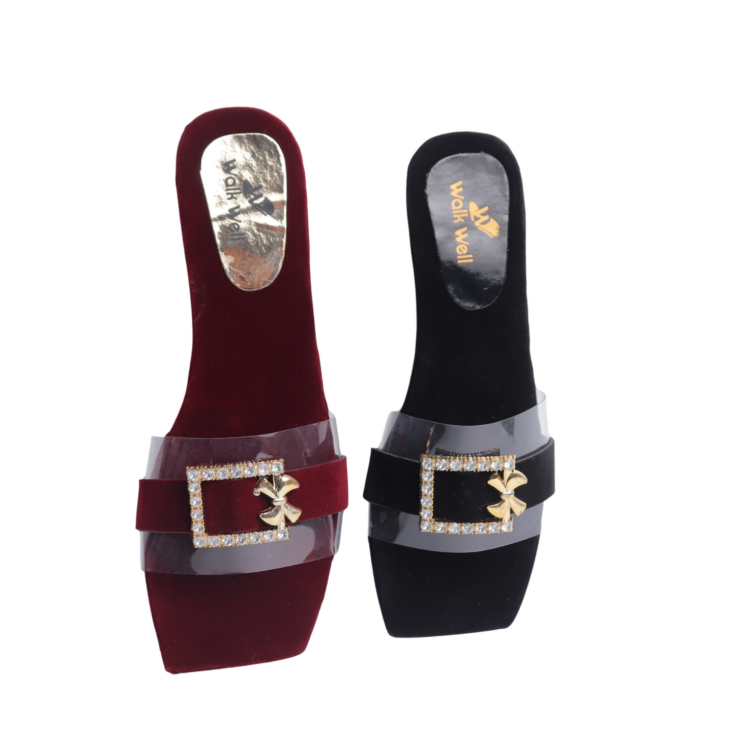 Maroon Velvet Slippers with Transparent Strap & Golden Buckle β Code #3367