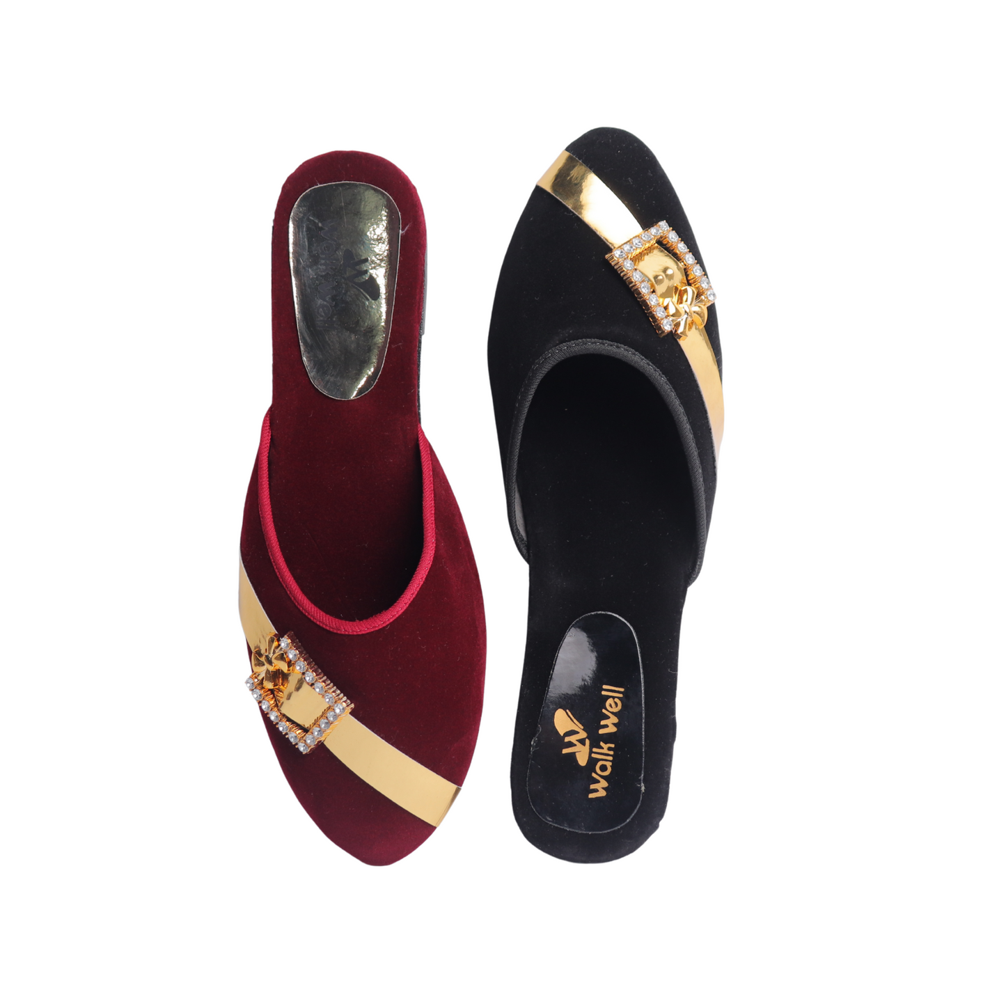 "Black and Mahroon Velvet Cut Shoes with Golden Buckle β Flat Elegance | Code #4456