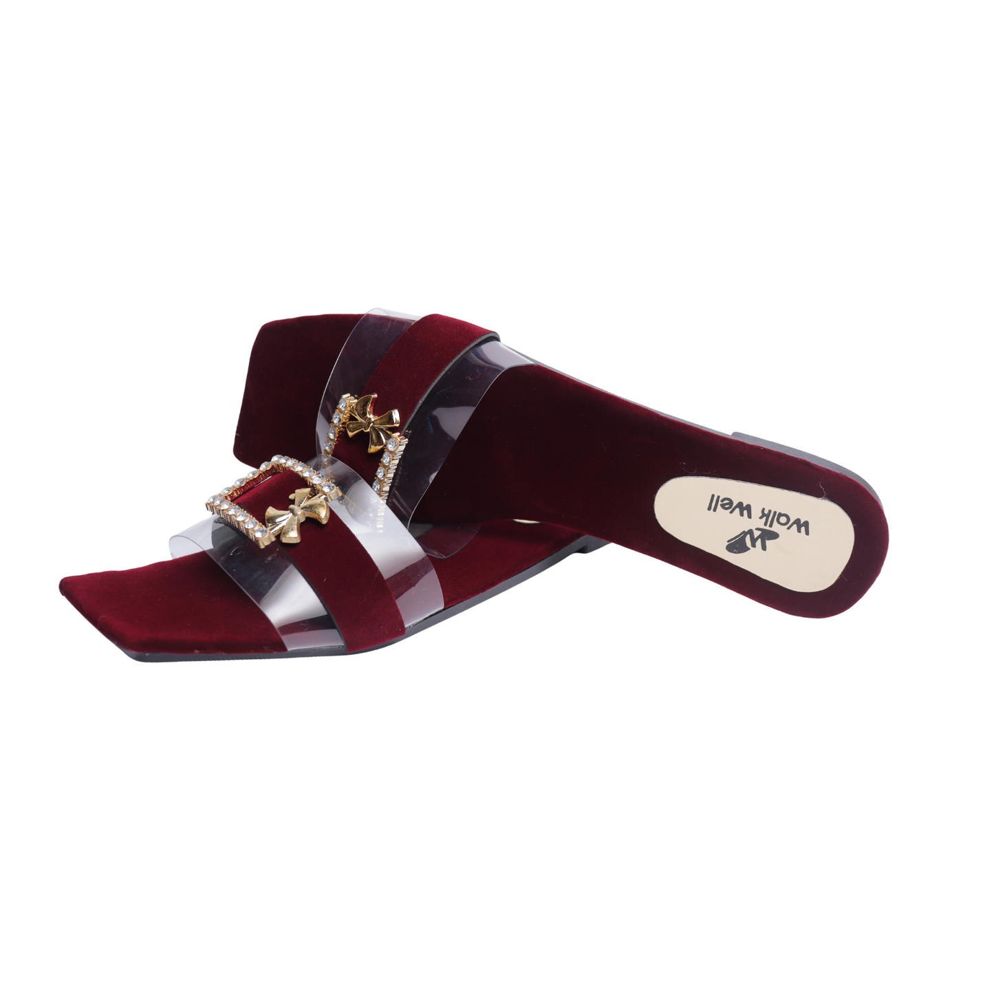 Maroon Velvet Slippers with Transparent Strap & Golden Buckle β Code #3367
