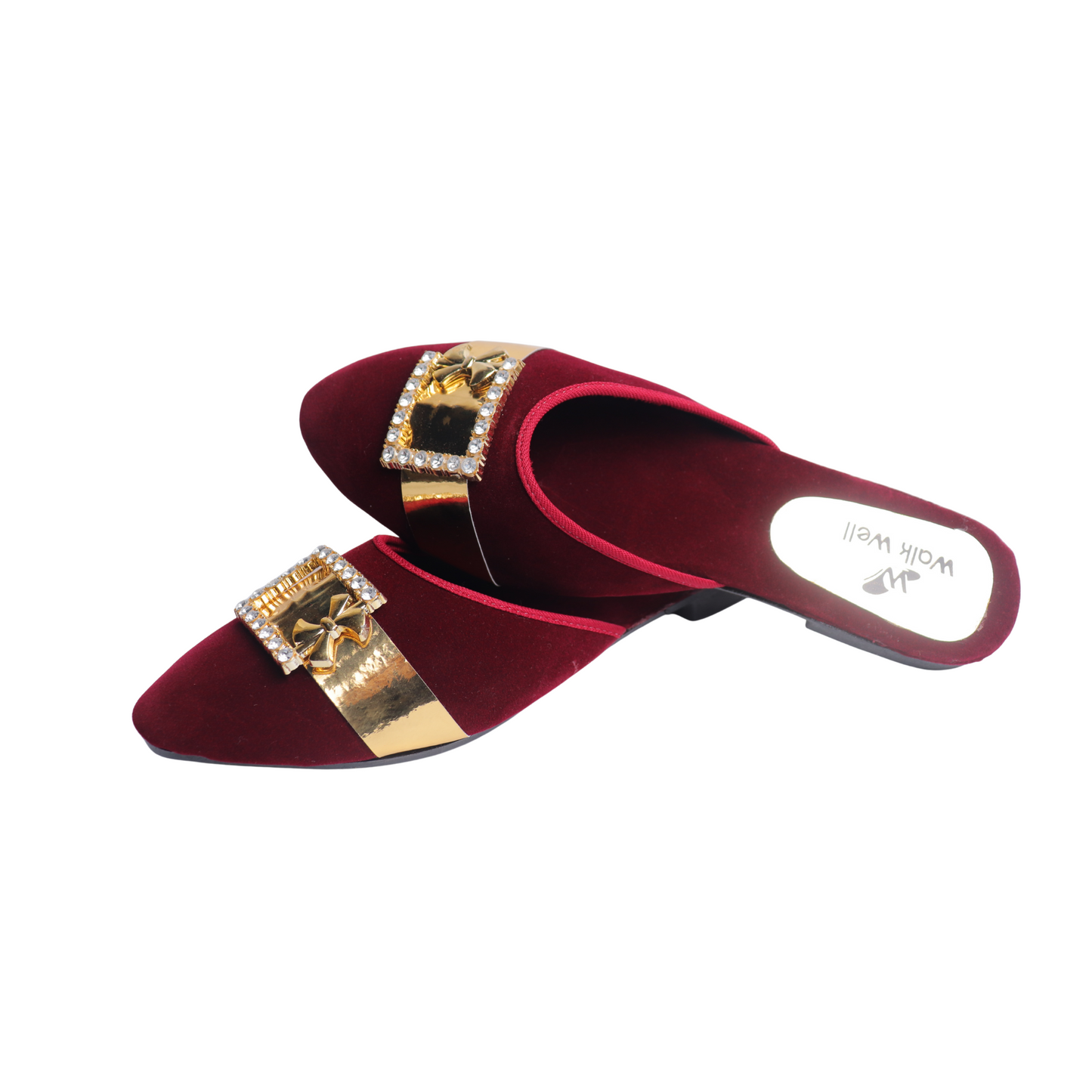 Mahroon and Black Velvet Cut Shoes with Golden Buckle β Flat Elegance | Code #4435