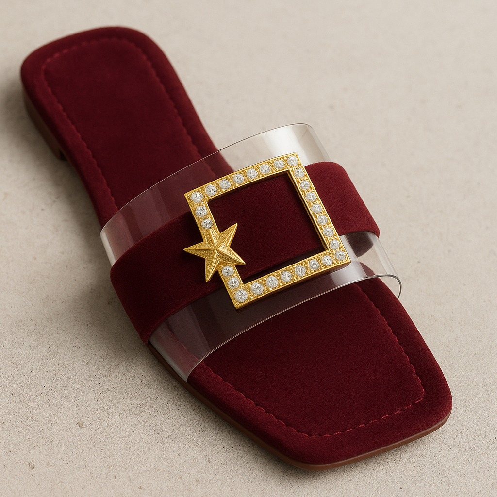 Maroon Velvet Slippers with Transparent Strap & Golden Buckle – Code #3367
