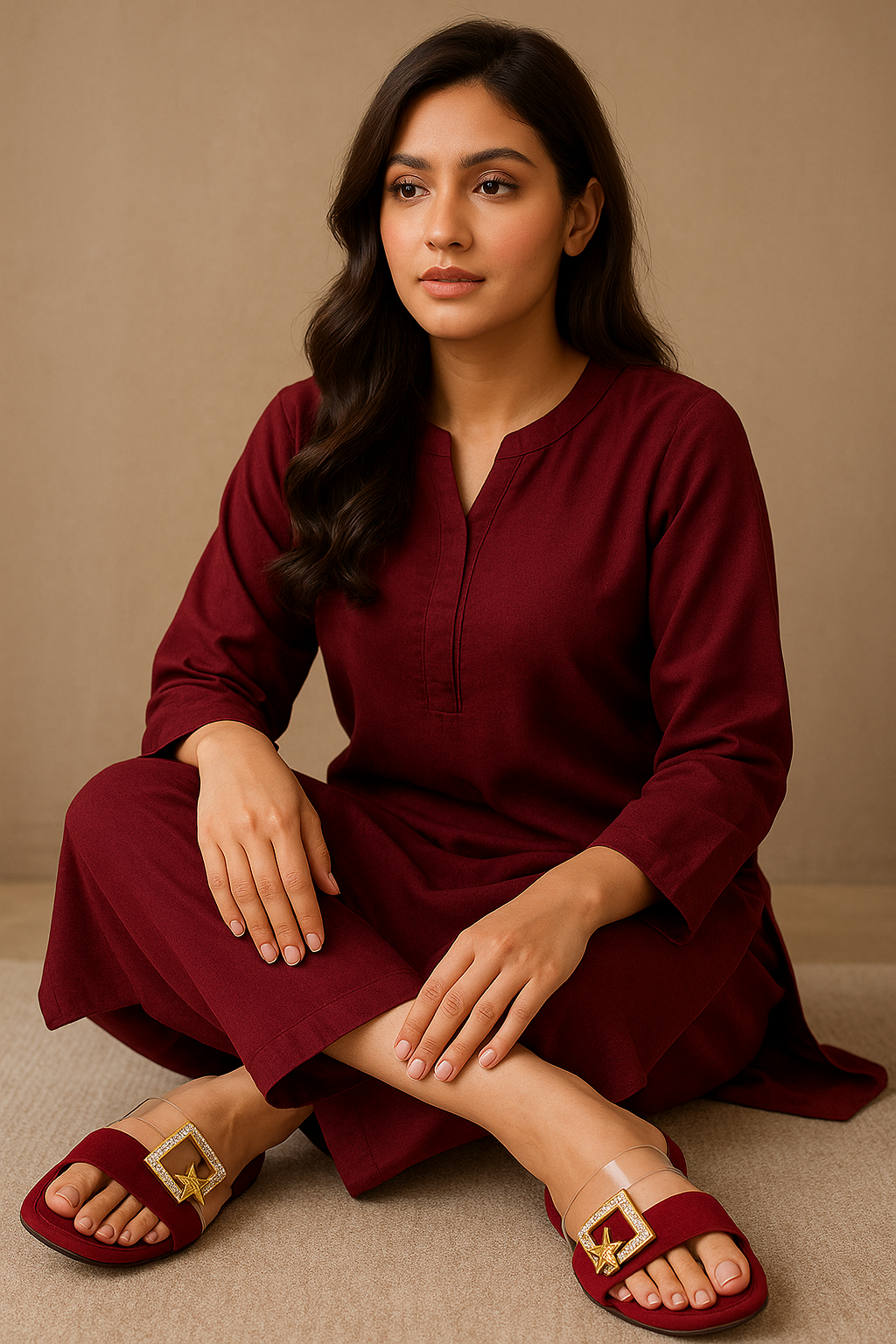 Maroon Velvet Slippers with Transparent Strap & Golden Buckle – Code #3367