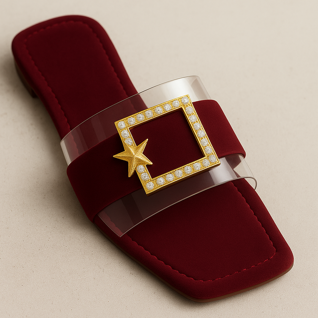 Maroon Velvet Slippers with Transparent Strap & Golden Buckle – Code #3367