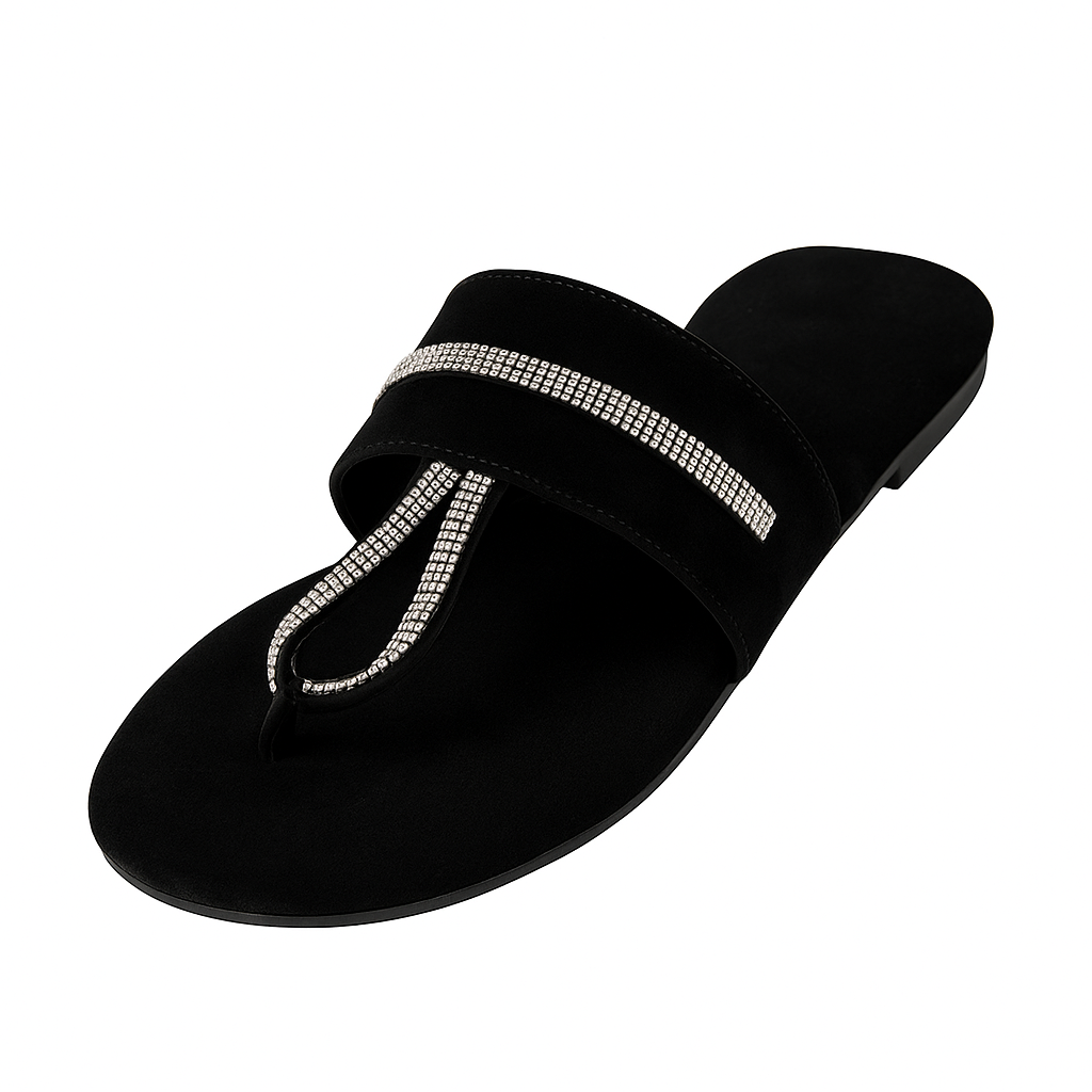 Black Velvet Toe-Ring Slippers with Silver Studs – Code #3387