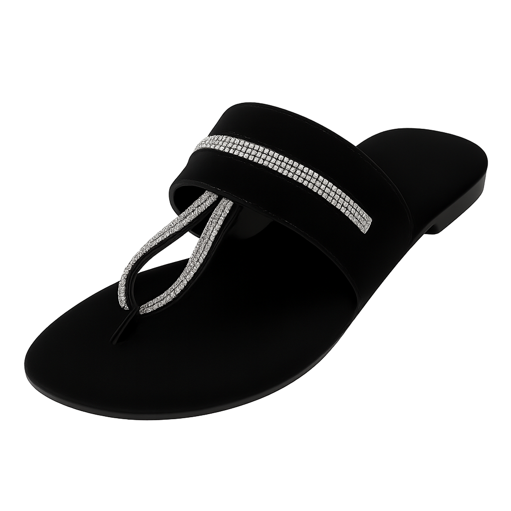 Black Velvet Toe-Ring Slippers with Silver Studs – Code #3387