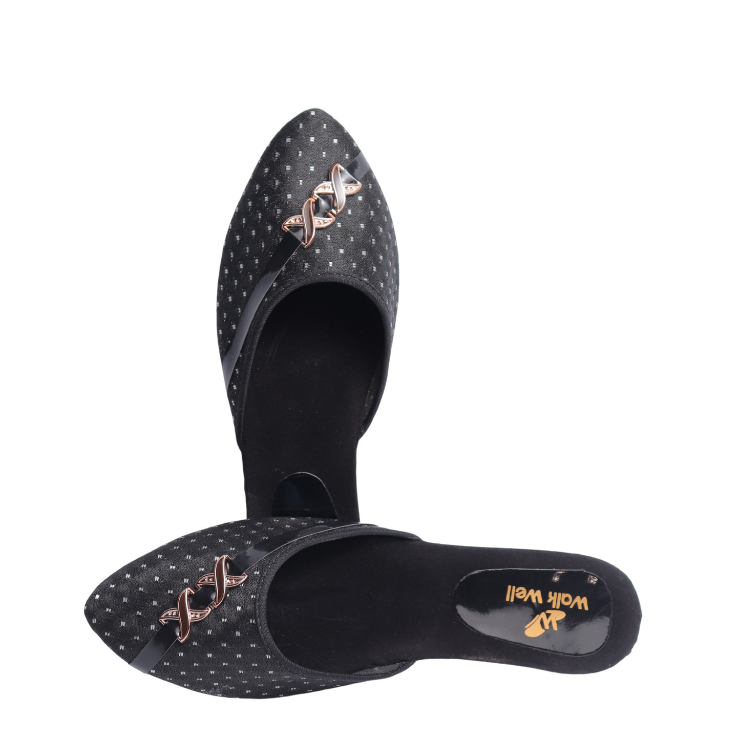 Women’s Black Pointed-Toe Slip-On Cut Shoes with Golden Chain Detail Code #4423