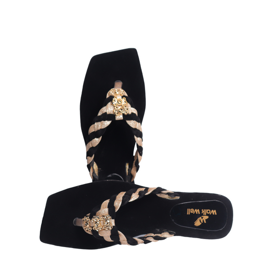 WalkWell Women’s Elegant Black & Gold Braided Velvet Slippers Code #3366