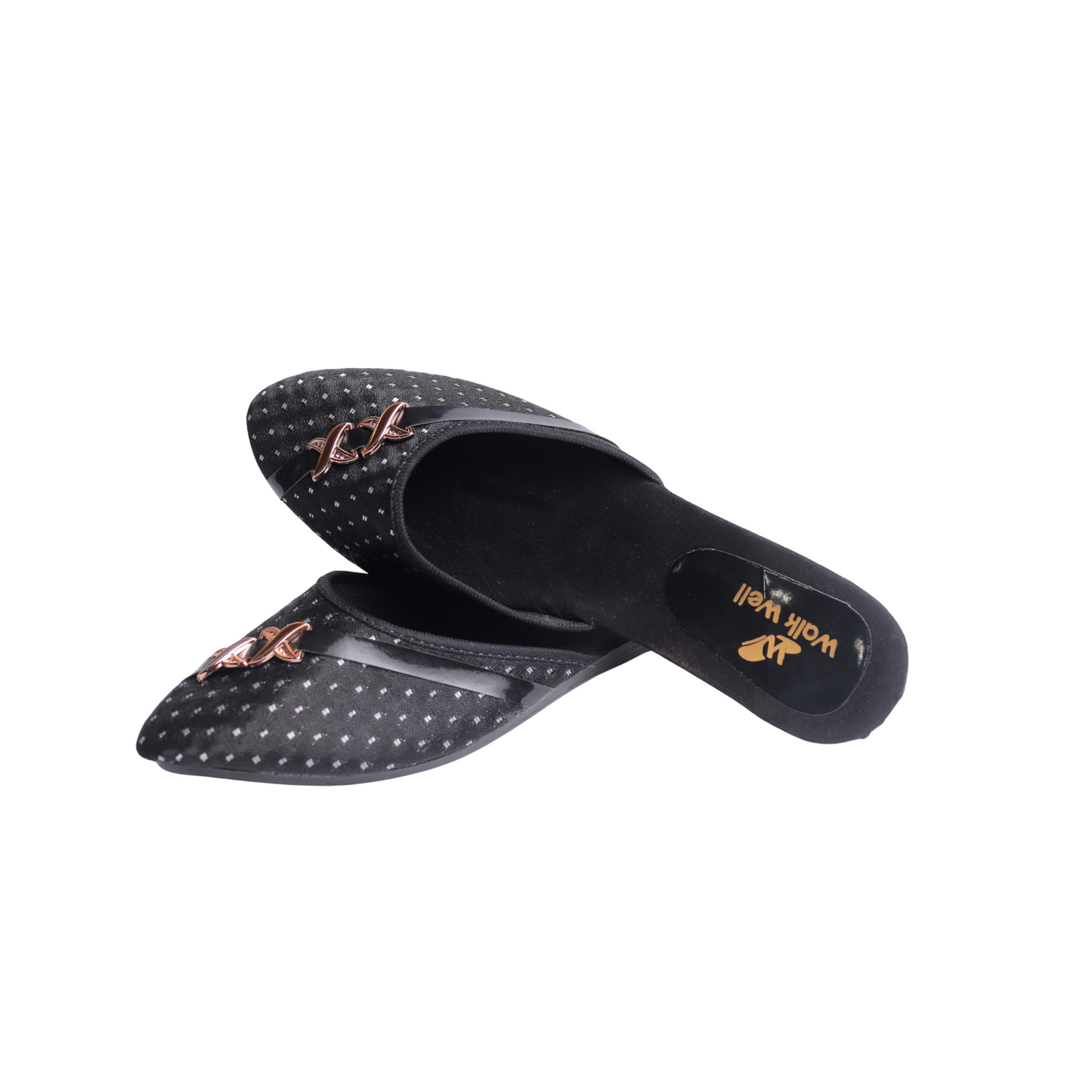 Women’s Black Pointed-Toe Slip-On Cut Shoes with Golden Chain Detail Code #4423