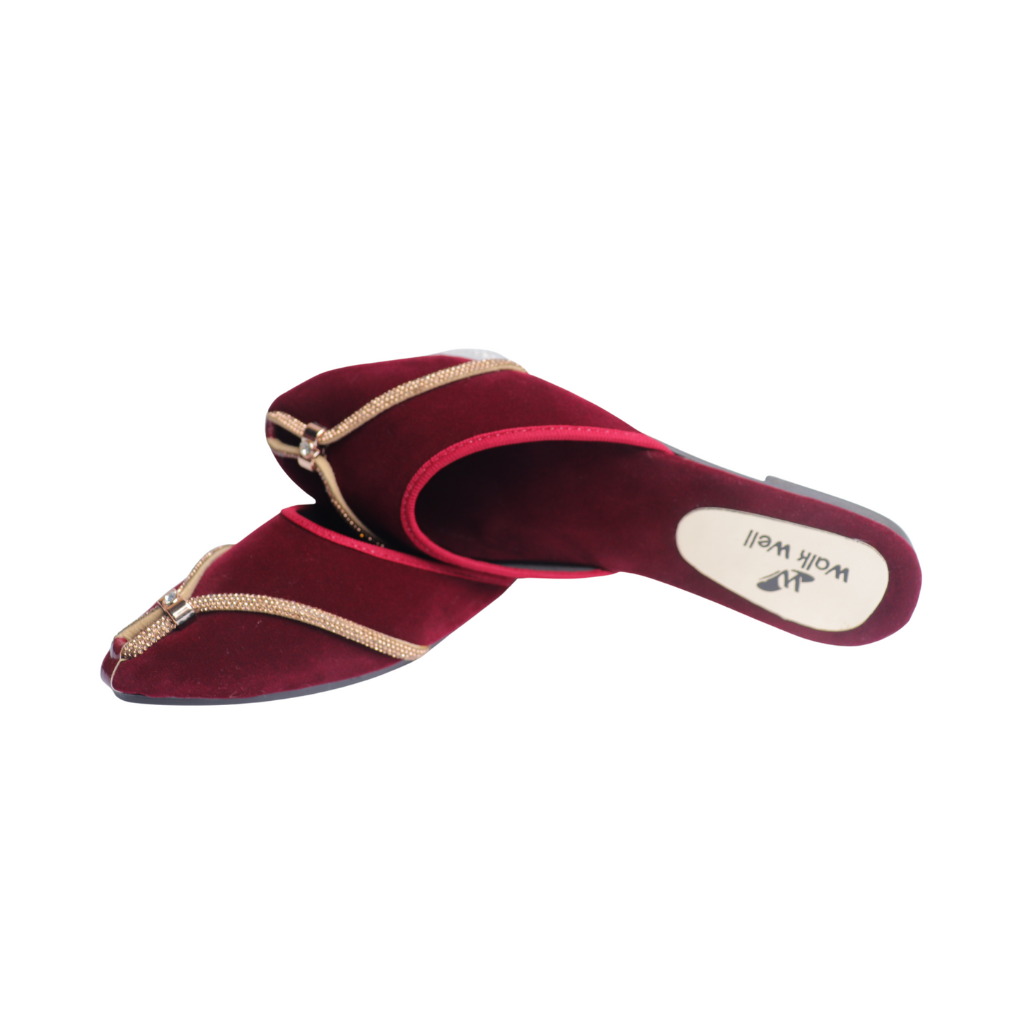Maroon Velvet Slip-On Slippers with Golden Embellishment Code #4465