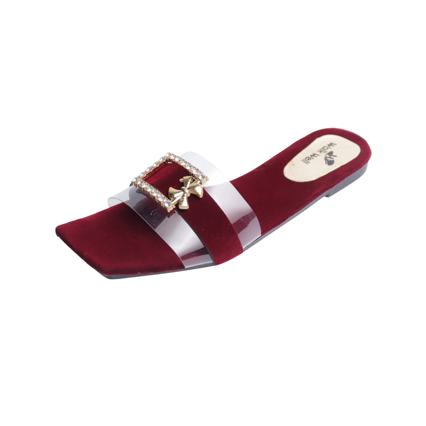 Maroon Velvet Slippers with Transparent Strap & Golden Buckle – Code #3367