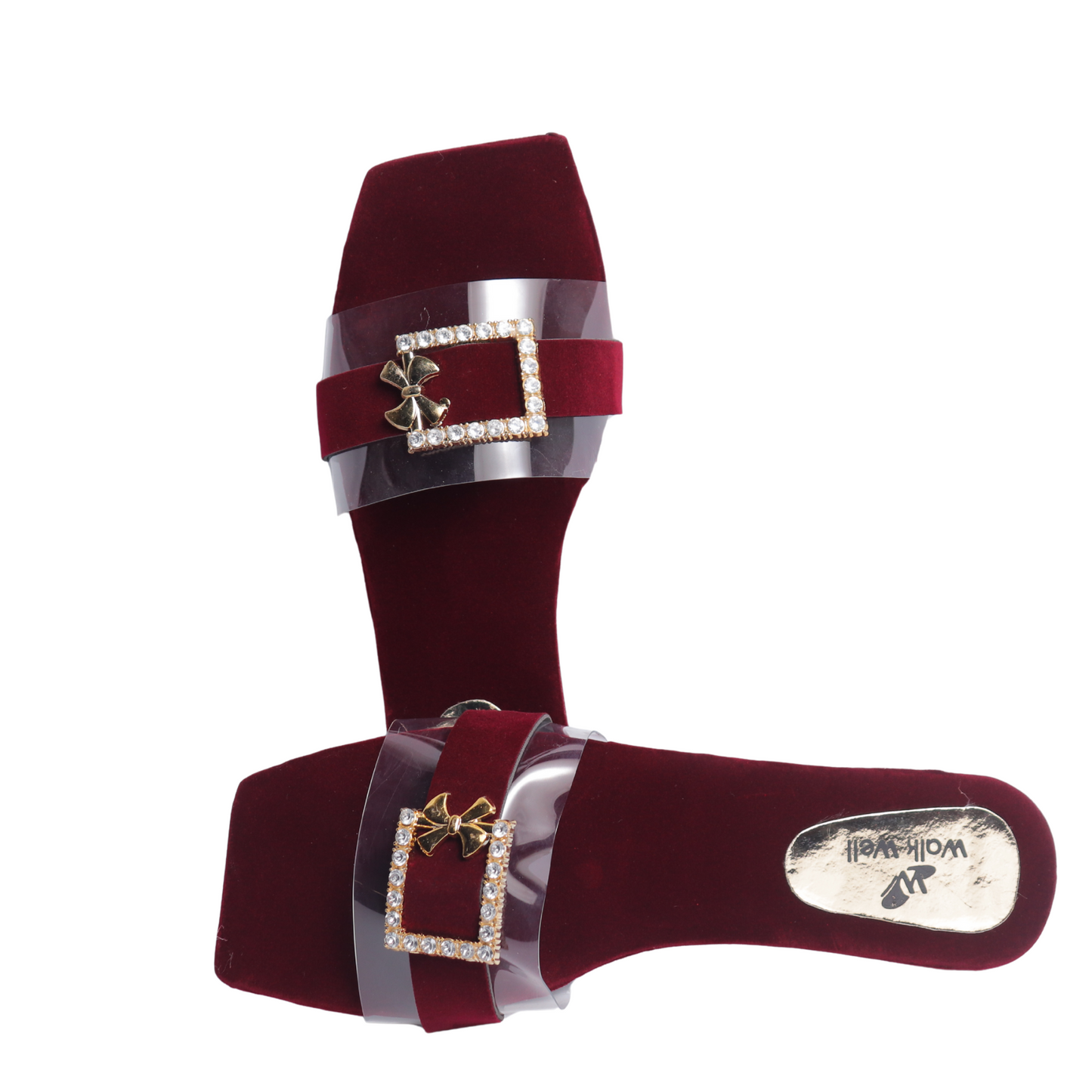 Maroon Velvet Slippers with Transparent Strap & Golden Buckle – Code #3367