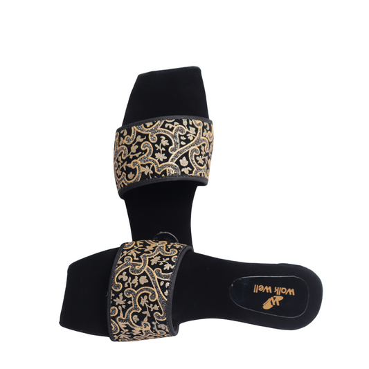 Elegant Black & Golden Velvet Slippers – Flat Sole | Code #3324