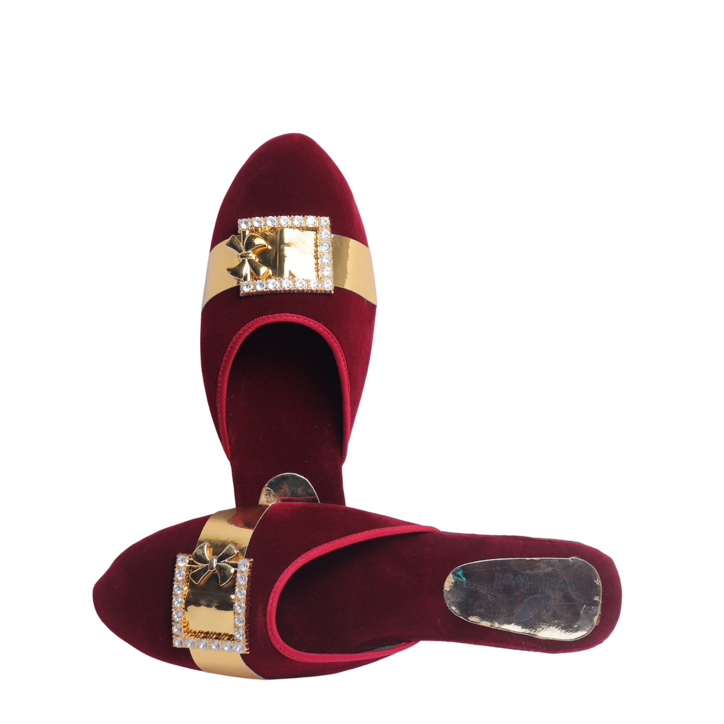 Mahroon and Black Velvet Cut Shoes with Golden Buckle – Flat Elegance | Code #4435