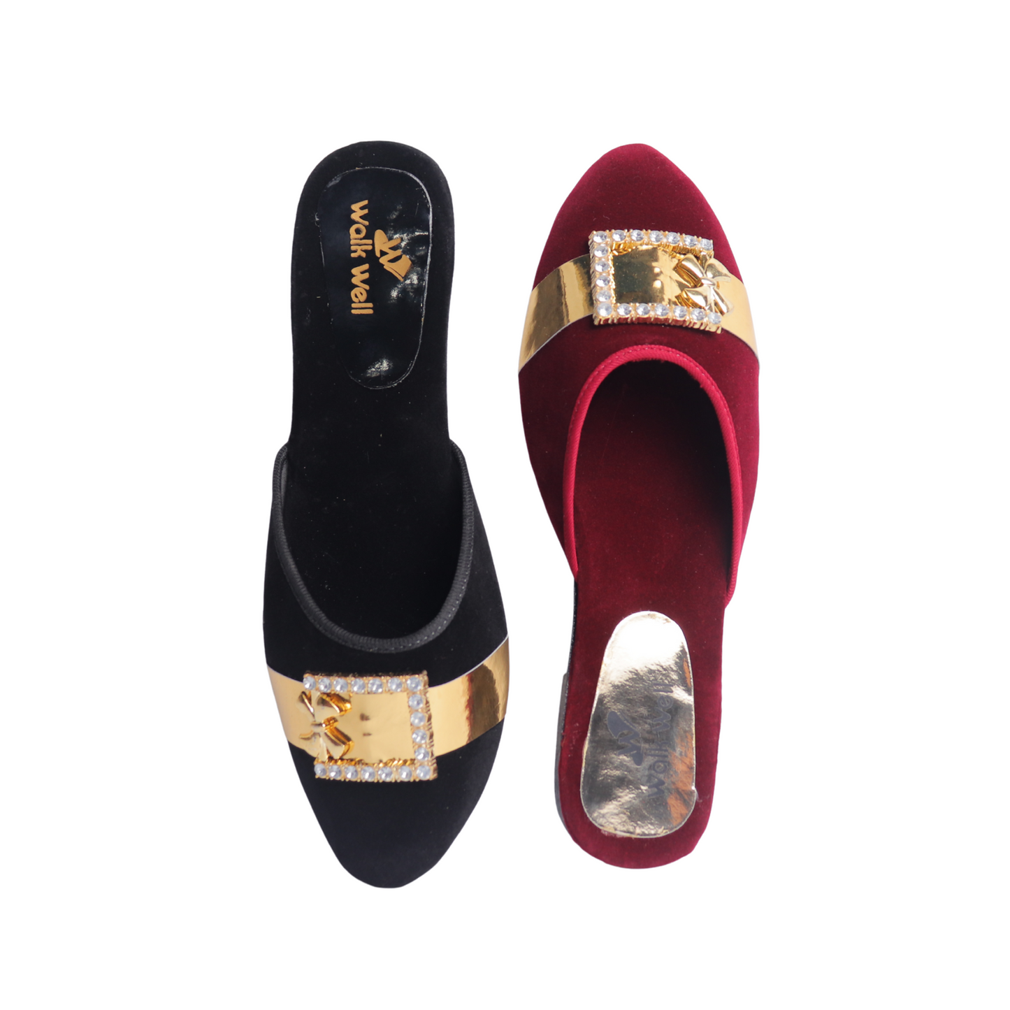 Mahroon and Black Velvet Cut Shoes with Golden Buckle – Flat Elegance | Code #4435