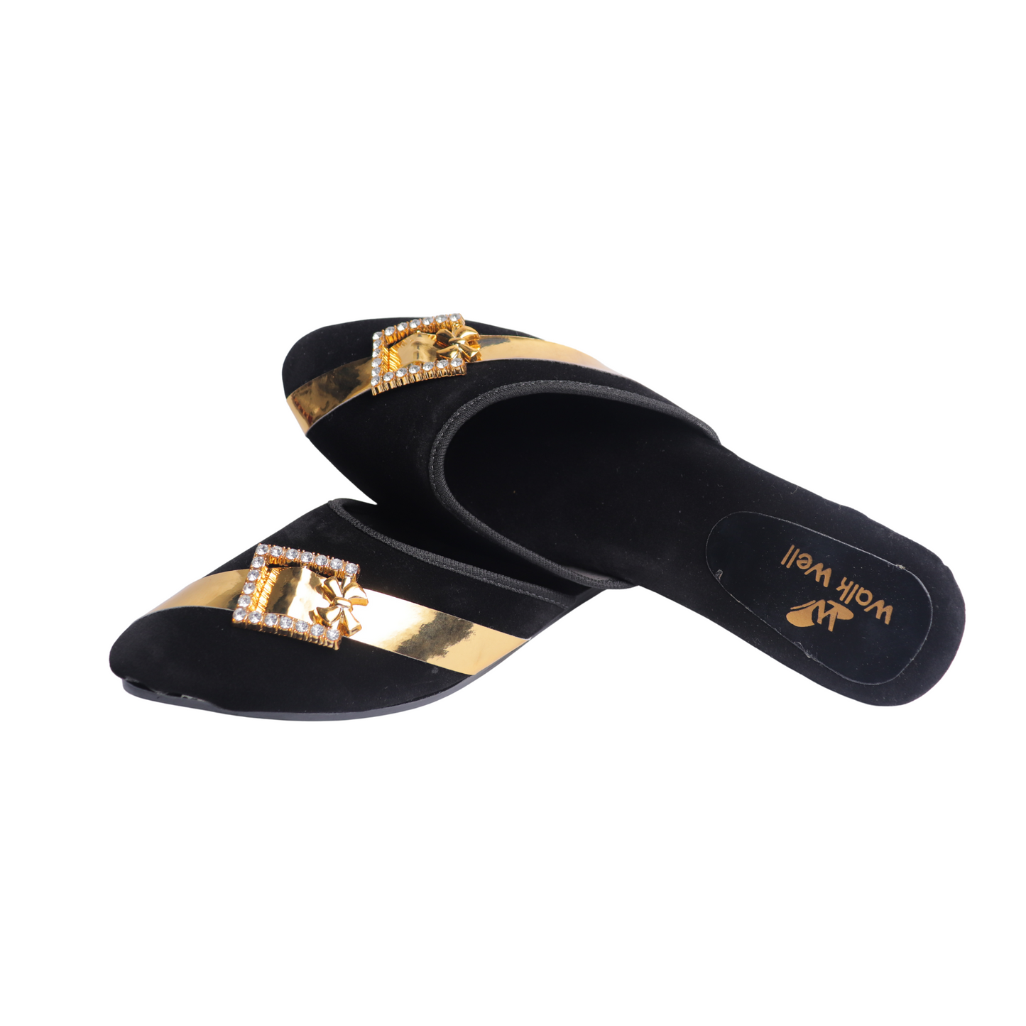 "Black and Mahroon Velvet Cut Shoes with Golden Buckle – Flat Elegance | Code #4456